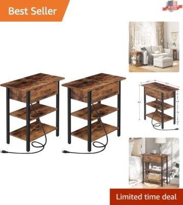 Mesas auxiliares rústicas multifuncionales con estación de carga - puertos USB - marrón Foto 1 de 4