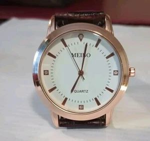 Meibo Mens Rose Gold Tone Quartz Watch Leather Strap 9.5” Working New Battery - Picture 1 of 12