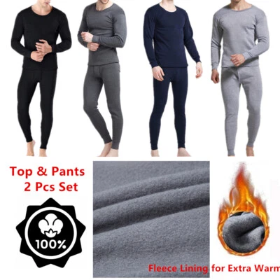 Men Winter Fleece Lined 100% Cotton Thermal Long Johns Top Bottom Underwear Set - Image 1 of 4