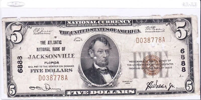 $5 1929 T1 National JACKSONVILLE Florida FL 🇺🇸 Circulated Note 🇺🇸 - Image 1 of 2