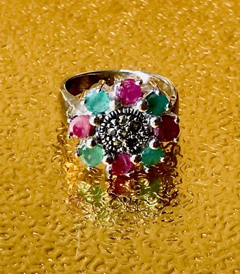 NEW REAL RUBY-EMERALD-MARCASITE STERLING SILVER RHODIUM OVER RING SIZE 9/TCW 33 - Image 1 of 4