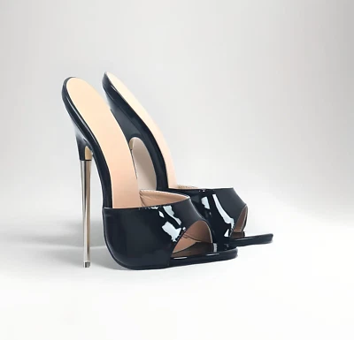 MULES TALON TRÈS HAUT 7" métal verni stiletto slides couleurs personnalisées tailles UK5-13 - Photo 1/4