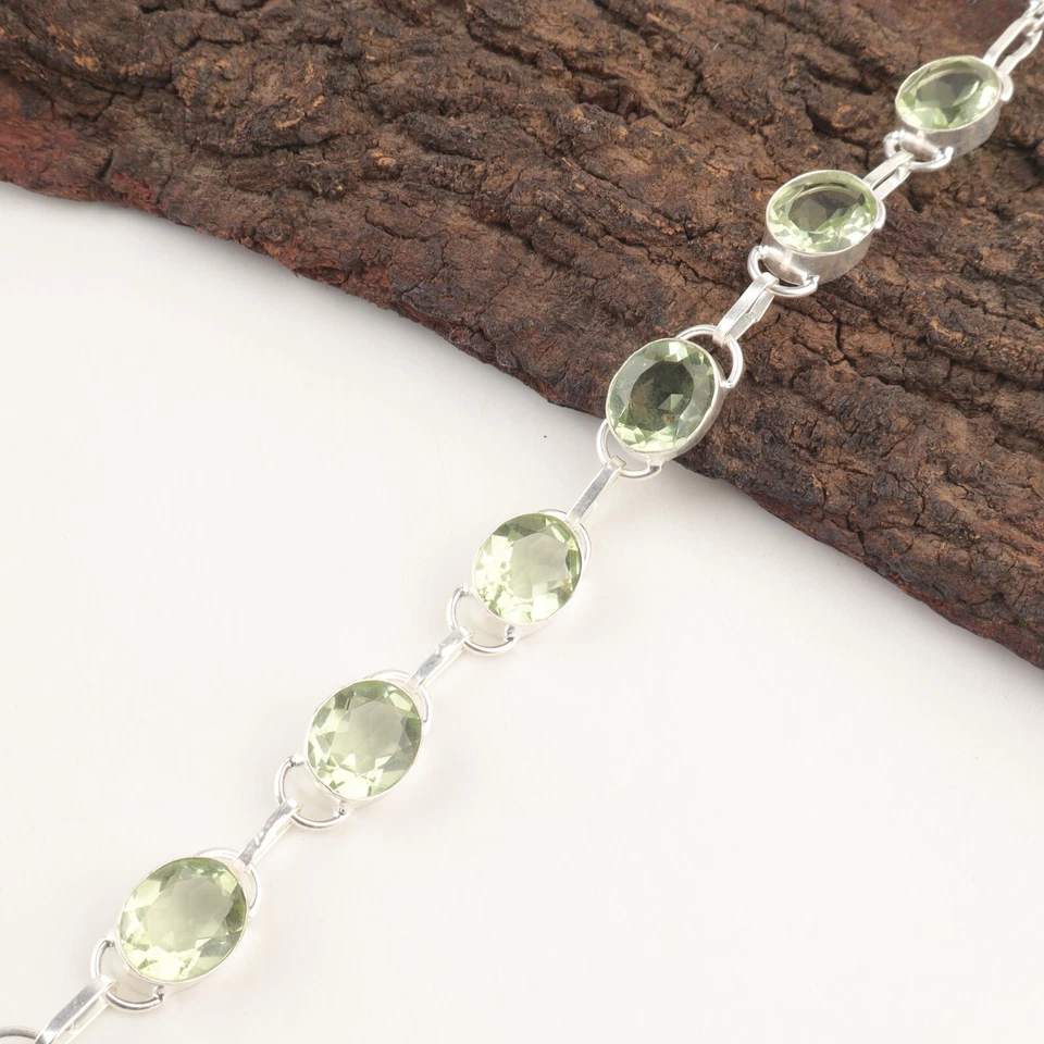 Elegante Pulsera Aniversario Madre Cadena Plata Esterlina Amatista Verde Genuina Foto 1 de 4