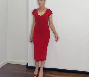 Red Midi Dress 1980s Dress S to M Knit Career Day Dress Evening Dress - Foto 1 di 8