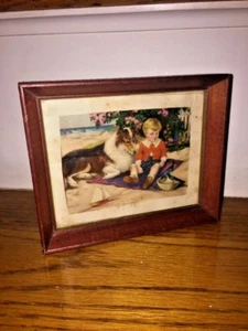 Vintage LASSIE Collie Hund & TIMMY Antik Lithographie Kinder Gerahmt Kunst RAR - Bild 1 von 6