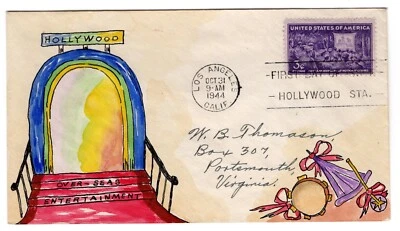 #926 Motion Pictures 50th Anniversary 1944 FDC - Swartz Hand-drawn - Image 1 of 2