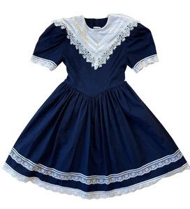 Vintage Gunne Sax Jessica McClintock Girls Dress Navy Blue, Lace and Bow Size 7 - Picture 1 of 9
