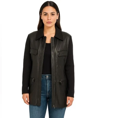 Nordstrom Classiques Entier Black Leather & Merino Wool Jacket, Minimalist, S - Image 1 of 4