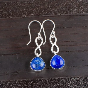Pendientes de gancho de diseñador de joyas de plata de ley 925 con piedras preciosas de lapislázuli natural - Imagen 1 de 6