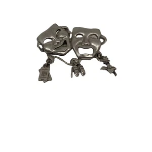 Vintage Solid LCD Pewter Theater Comedy Tragedy Masks Brooch Pin - Picture 1 of 11