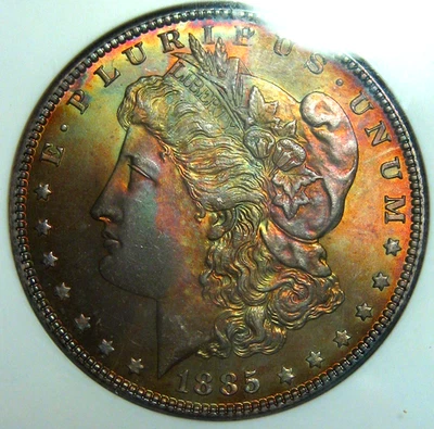 1885 RAINBOW TONED MORGAN SILVER DOLLAR~NGC MS64~COLORFUL OBVERSE RAINBOW TONER* - Image 1 of 4