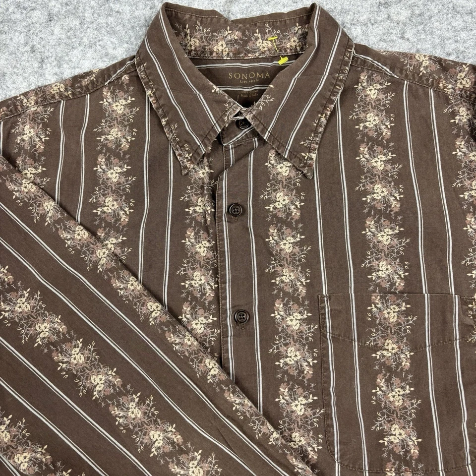 Camisa Sonoma Abotonada Para Hombres XL Marrón Floral Vertical Rayas Vestido Informal Foto 1 de 4