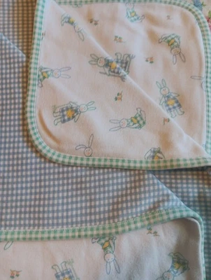 Vintage Gymboree Baby Blanket Rainbow Tag Gingham Garden Bunny Rabbit Blue/Green - Image 1 of 4