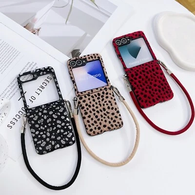 For Samsung Z Flip 3 4 5 6 OPPO Moto  Plush leopard print Phone Case Cover Strap - Image 1 of 4