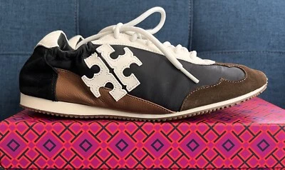 Tory Burch Double T Trainer Shoes Suede  Leather Nylon Brown Black White - Image 1 of 4