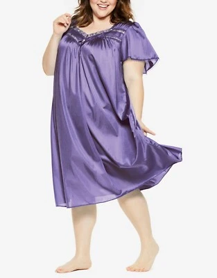 Only Necessities Plus Size Rich  Violet Short Silky Lace-Trim Nightgown Size 5X  - Image 1 of 4