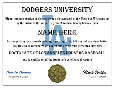 LOS ANGELES DODGERS PERSONALIZED FAN DIPLOMA, GREAT GIFT  MLB BASEBALL Cover