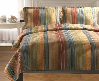 BEAUTIFUL MODERN STRIPE BLUE GREEN BROWN GREY ORANGE RUST RED CABIN QUILT SET  - Image 1 of 4