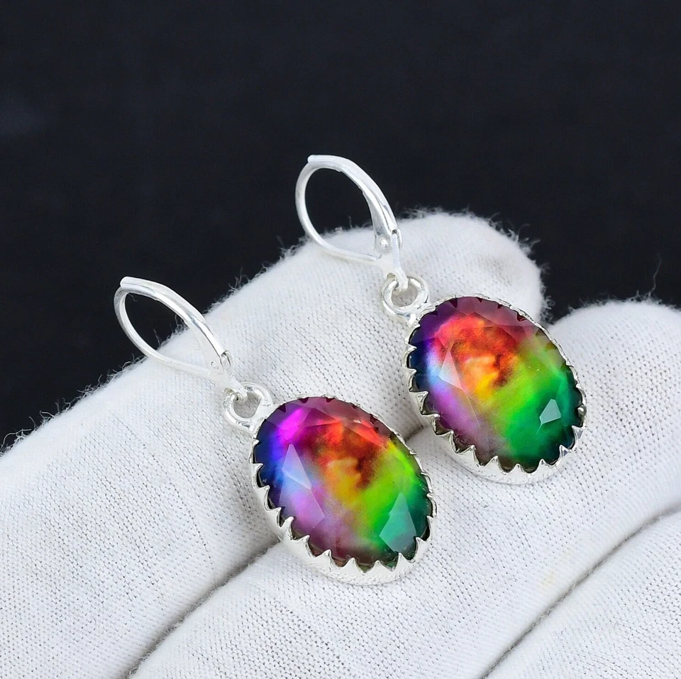 Elegant Ammolite Gemstone Handmade 925 Sterling Silver Earrings For Women Gifts - Image 1 of 4