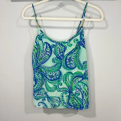Camiseta sin mangas Lilly Pulitzer Keep It grosella cachemira seda azul verde talla S usada en excelente estado Foto 1 de 4