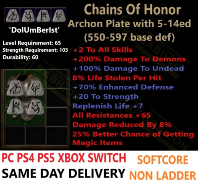 ✅ PC PS4 PS5 XBOX SWITCH ✅ Chains Of Honor Coh Diablo 2 Resurrected items D2R - Image 1 of 2