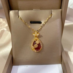 18K Gold Plated Red Crystal Flower Pendant Necklace for Women Jewelry Gifts - Picture 1 of 5