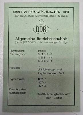 Papeles Simson KTA DDR S51 B1-3 B1-4 B2-4 con sello en blanco Foto 1 de 2