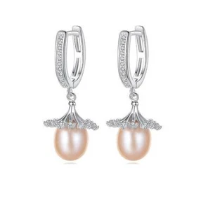 Pink Freshwater Pearl & CZ 925 Earrings Sterling Silver Statement Jewelry - Picture 1 of 4