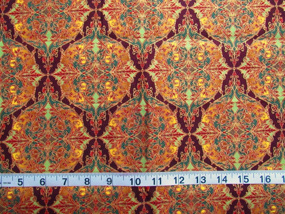 1 yarda 100 % algodón "vacaciones pacíficas" telas para empezar, oro metálico/castillo Foto 1 de 1