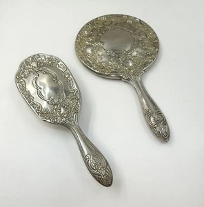 Hermoso espejo y cepillo plateado de colección - Imagen 1 de 6