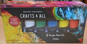 12 Tubes Acrylic Paint 75ml + 3 Brushes Set Assorted Colours Arts Crafts - Picture 1 of 4