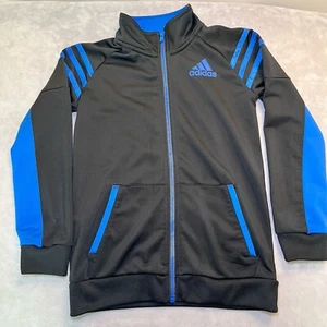 Adidas Full Zip Track Jacket Youth Size 7 Black Blue Stripes Tri Fold Fleece - Picture 1 of 8