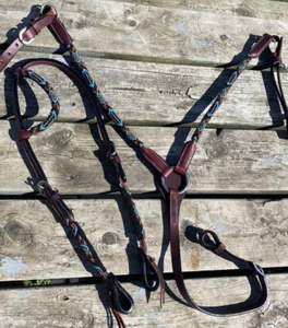 Blue/tan/burgundy/black beaded leather Western headstall/breast collar set - Picture 1 of 2