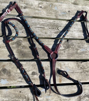 Conjunto de cabecera/cuello de pecho de cuero con cuentas azul/bronceado/borgoña/negro Foto 1 de 2