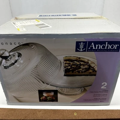 Cake Stand Anchor Hocking W/Dome Pedastel Monaco Doubles as Punch Bowl 2 in 1 - Image 1 of 3