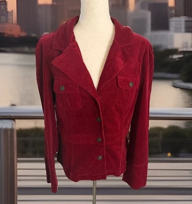 JKLA Size LARGE Corduroy Jacket Cherry Red 4 Button Vamp Whimsigoth Holiday Y2K - Image 1 of 4
