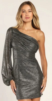 Nuevo Vestido Lulus Mediano Lucky Babe Bodycon Asimétrico Manga Una Acanalado Plateado Foto 1 de 4