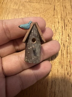 Handmade Wooden Birdhouse Pin with Bluebird – Folk Art Rustic Lapel Brooch - Image 1 of 4