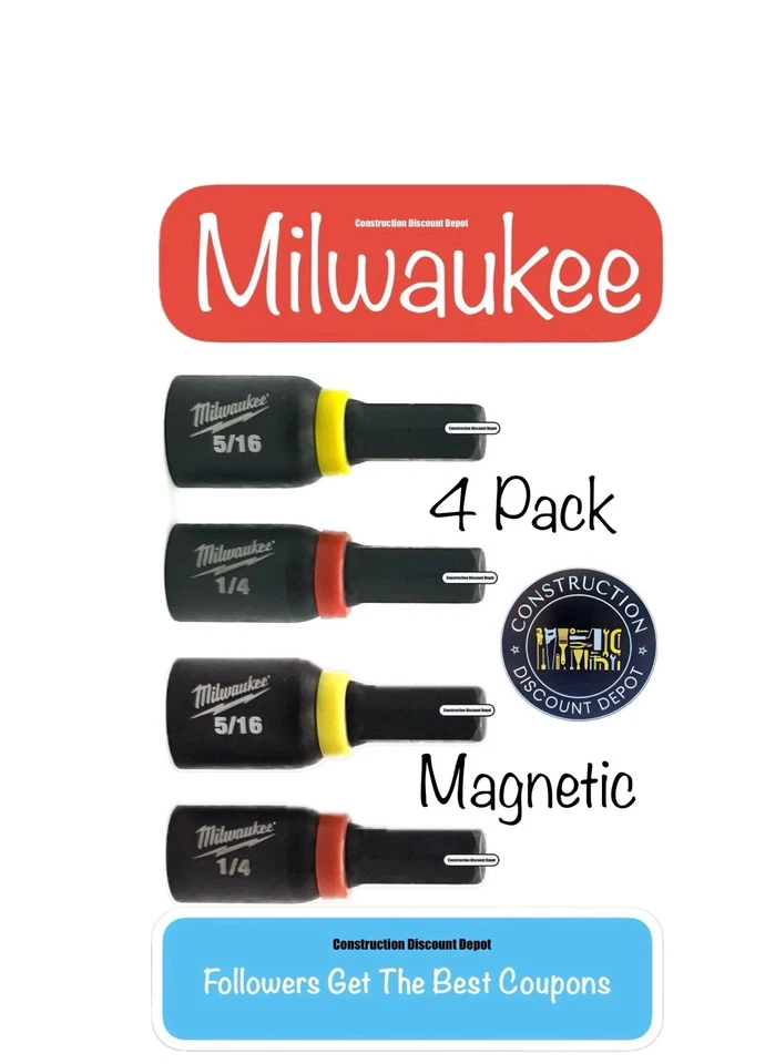 Paquete de 4 destornilladores de tuercas magnéticas con inserción de impacto Milwaukee SHOCKWAVE 1/4" 5/16" Foto 1 de 1