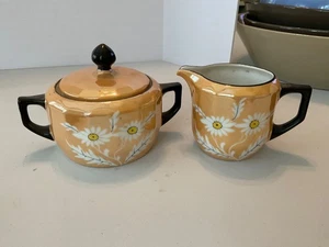 Sucre et crémier vintage lustre pêche ~ bordure noire ~ Allemagne - Photo 1/6