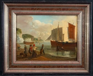 THOMAS LUNY 1759-1837 circle UNLOADING CATCH at SUNSET ANTIQUE OIL PAINTING - Picture 1 of 16