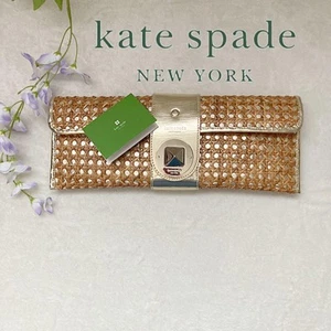 Kate Spade Gold Straw Clutch Bag Woven Basket Summer Purse Evening MBb0304 - Picture 1 of 8