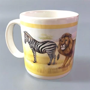Taza de café de colección Zebra Lion 1989 Dakin Industries Japón África Safari - Imagen 1 de 4