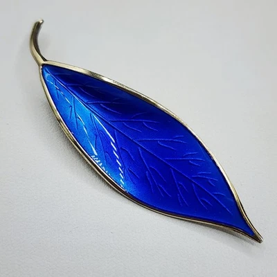 Broche prendedor David Andersen Noruega plata de ley 925 esmalte azul hoja grande Foto 1 de 4