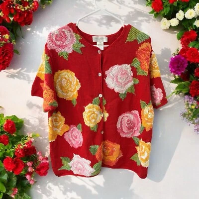 Susan Bristol Sweater Button Up Short Sleeve Size 1W Red Floral sequins knit EUC - Image 1 of 4