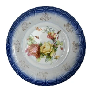 Vintage Serving Bowl Floral Farmhouse Romance Blue Rim Yellow Red ROSE Victorian - Picture 1 of 12