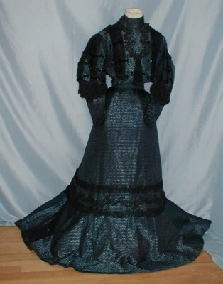 Ornate Antique Dress Victorian 1890's Blue and Black Print Silk Lavish Trims - Image 1 of 4