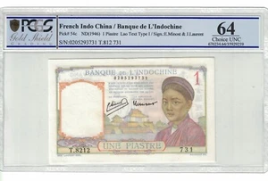 French Indochina 1 Piastre 1946 Pick# 54c PCGS: 64 Choice UNC. #PL2053 - Picture 1 of 2