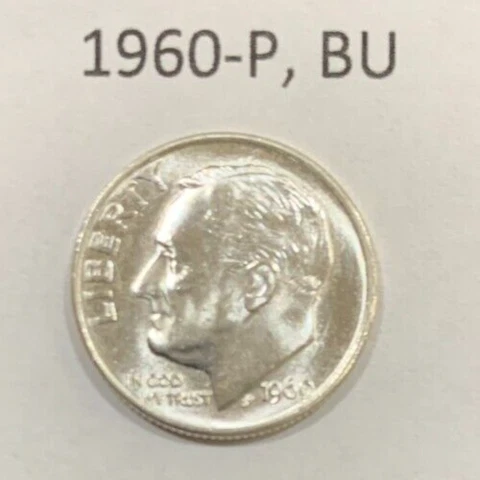 1960 P Roosevelt Dime BU ~ 90% Silver ~ Uncirculated U.S. Coin from Roll ~ D2159 Cover