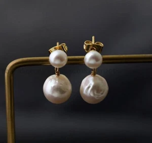 11-12mm White Natural South Sea Baroque Edison Double Pearl Dangle Stud Earrings - Picture 1 of 5